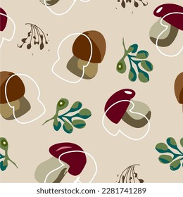 isolated vector illustration. Forest wild mushrooms types. Seamless pattern