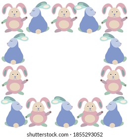 Isolated vector illustration frame of cute cartoon pink and blue bunnies on white background. The design is perfect for decorations, packaging, cards, invitations, frames, stickers, stationary