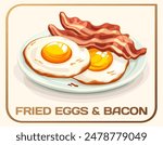 Isolated vector illustration of fried eggs and bacon. Cartoon icon of a classic breakfast plate of fried eggs and bacon. The two sunny side up eggs have golden yolks and crisp white whites