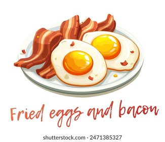 Isolated vector illustration of fried eggs and bacon. Cartoon icon of a classic breakfast plate of fried eggs and bacon. The two sunny side up eggs have golden yolks and crisp white whites