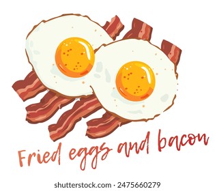 Isolated vector illustration of fried eggs and bacon. Cartoon icon of a classic breakfast plate of fried eggs and bacon. The two sunny side up eggs have golden yolks and crisp white whites