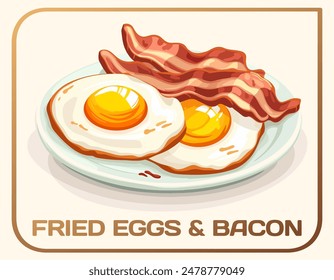 Isolated vector illustration of fried eggs and bacon. Cartoon icon of a classic breakfast plate of fried eggs and bacon. The two sunny side up eggs have golden yolks and crisp white whites