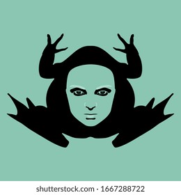 Isolated vector illustration. Frog or toad with female face on back. Creative concept. Monochrome silhouette.