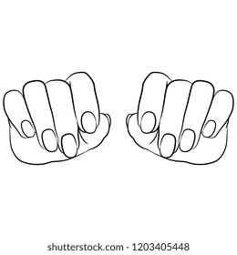 Isolated vector illustration. Front view of two female hands with long nails. Hand drawn linear sketch. Black and white linear silhouette.