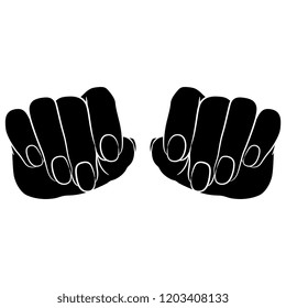 Isolated vector illustration. Front view of two female hands with long nails. Black and white linear silhouette. Cartoon style.