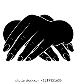 Isolated vector illustration. Front view of two crossed human hands. Black and white linear silhouette. Cartoon style.