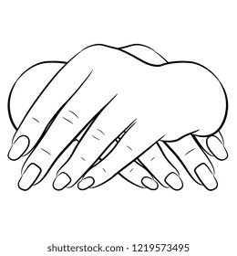 Isolated vector illustration. Front view of two crossed human hands. Hand drawn linear sketch. Black silhouette on white background.