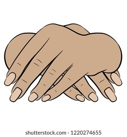 Isolated vector illustration. Front view of two folded or crossed Caucasian human female hands. Cartoon style.