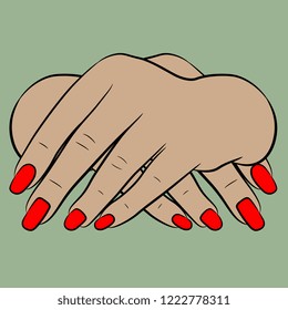 Isolated vector illustration. Front view of two folded Caucasian female hands with red nails. Flat cartoon style.