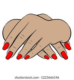 Isolated vector illustration. Front view of two folded human female Caucasian hands with red nails. Hand drawn. Cartoon style.