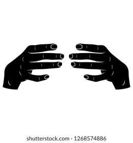 Isolated vector illustration. Front view of two human hands in holding gesture. Black and white linear silhouette. Cartoon style.