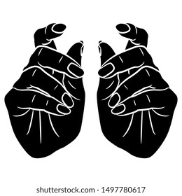 Isolated vector illustration. Front view of two raised up human hands. Black and white silhouette.