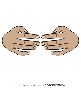 Isolated vector illustration. Front view of two human Caucasian hands with open fingers in embracing gesture. Cartoon style.