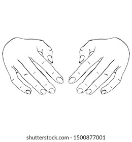 Isolated vector illustration. Front view of two human hands with open fingers in embracing gesture. Hand drawn linear sketch. Black silhouette on white background.