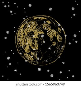 Isolated vector illustration. Full moon in winter nigh sky under snowflakes. Hand drawn sketch.