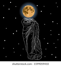 Isolated vector illustration. Full moon as goddess of starry night sky. Nyx or Selene. Luna or Hecate.