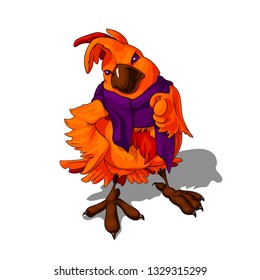 Isolated vector illustration of a funny cartoon parrot with a scarf pointing at you