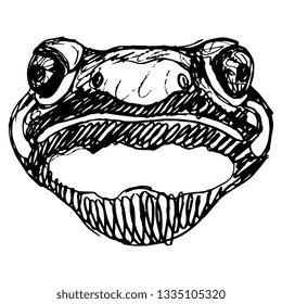 Isolated vector illustration. Funny face of a fire salamander. Hand drawn linear doodle sketch. Black silhouette on white background.