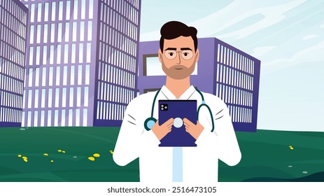 Ilustración vectorial aislada de un personaje masculino divertido del doctor que sostiene un informe médico.