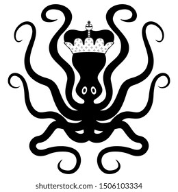 Isolated vector illustration. Funny octopus in royal christian tiara or crown. Black and white silhouette.