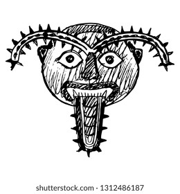 
Isolated vector illustration. Funny scary tribal style face with thorny tongue and eyebrows. Ancient Peruvian ethnic Indian motif from Nasca or Nazca. Hand drawn linear black and white sketch. 
