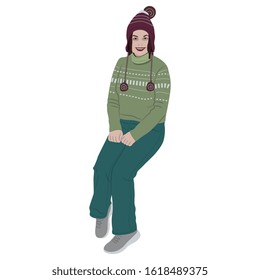 
Isolated vector illustration. Funny seated tourist girl in hat and sweater.