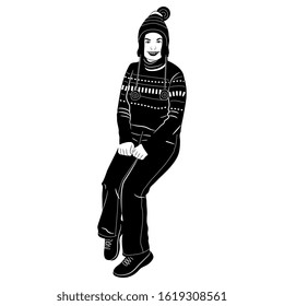 Isolated vector illustration. Funny seated tourist girl in hat and sweater. Black and white silhouette.
