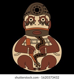 Isolated vector illustration. Funny seated character. Ancient Peruvian tribal art from Nazca. 