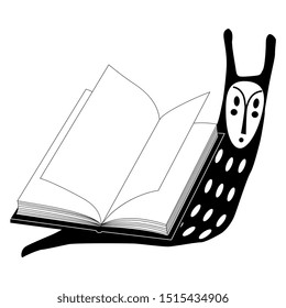 Isolated vector illustration. Funny snail with human face carrying open book on its back. Black and white silhouette.