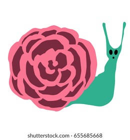 Isolated vector illustration. Funny snail with shell as rose. Cartoon doodle style.