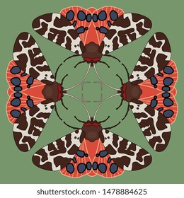 Isolated vector illustration. Geometrical animal decor with silhouettes of four butterflies. Garden tiger moth. Arctia caja. On green background.