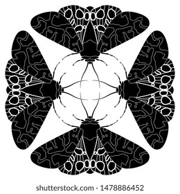 Isolated vector illustration. Geometrical animal decor with silhouettes of four butterflies. Garden tiger moth. Arctia caja. Black and white silhouette.