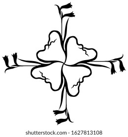 Isolated vector illustration. Geometrical floral decor or mandala with gladioli branches. Black silhouette on white background.