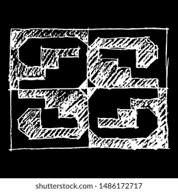 Isolated vector illustration. Geometrical square ornament. Ancient Peruvian ethnic motif of Uari Indians. Black and white silhouetted rough sketch.