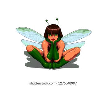 Isolated vector illustration of the girl disguised as a dragonfly