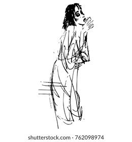 Isolated vector illustration. A girl drinking from a water glass. Based on hand drawn sketch.