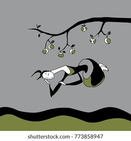 Isolated vector illustration. Girl sleeping under apple tree. Based on hand drawn original style art.