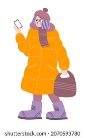 Isolated vector illustration of a girl in winter clothes walking with a bag and phone. In trendy orange and purple colors. The design is perfect for illustrations, advertisements, cards.