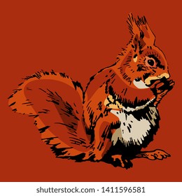 Isolated vector illustration. Gnawing red squirrel. (Sciurus vulgaris). Hand drawn colored ink sketch.