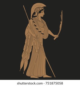 Isolated vector illustration. Goddess Athena. Old Greek mythology. Based on authentic red-figure vase painting style. Red-figure pottery.