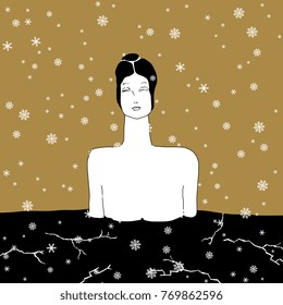 Isolated vector illustration. Goddess emerging from earth under snow. Based on hand drawn original style art.