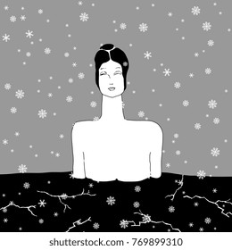 Isolated vector illustration. Goddess of Nature under snow. Mythology. Female archetype. Based on hand drawn original style art.