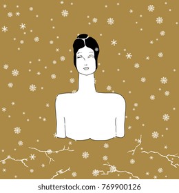 Isolated vector illustration. Goddess of Nature under snow. Mythology. Female archetype. Based on hand drawn original style art.