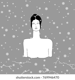 Isolated vector illustration. Goddess of Nature under snow. Mythology. Female archetype. Based on hand drawn original style art.