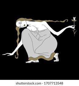 Ilustración vectorial aislada. Diosa Persephone. Antigua mitología griega. Joven sosteniendo narcisos o flor de daffodil. Arquetipo de arte de estilo original.