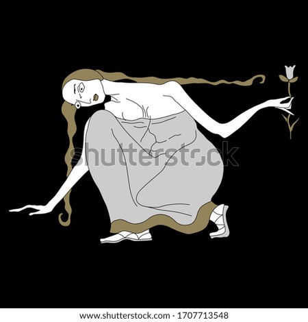 Isolated vector illustration. Goddess Persephone. Ancient Greek mythology. Young girl holding narcissus or daffodil flower. Original style art. Female archetype.