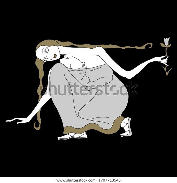 Isolated vector illustration.\
Goddess Persephone. Ancient Greek mythology. Young girl holding\
narcissus or daffodil flower. Original style art. Female\
archetype.