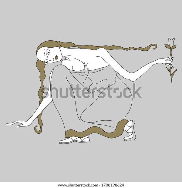 Isolated vector illustration.\
Goddess Persephone. Ancient Greek mythology. Young girl holding\
narcissus or daffodil flower. Original style art. Female\
archetype.
