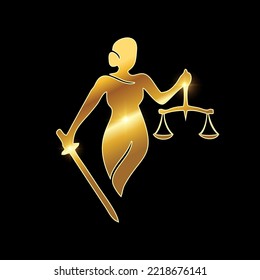 Isolated Vector Illustration of Golden Lady Justice Vector Icon in black background with gold shine effect 