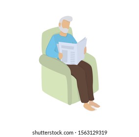 Isolated vector illustration of grandfather sitting in the armchair and reading a newspaper. Elder person life style. Isolated vector illustration in cartoon style